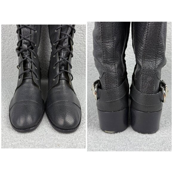 Michael Kors Boots Womens 9.5 Shoes Black Woodley Wedge Combat Moto Biker Calf - Picture 12 of 14